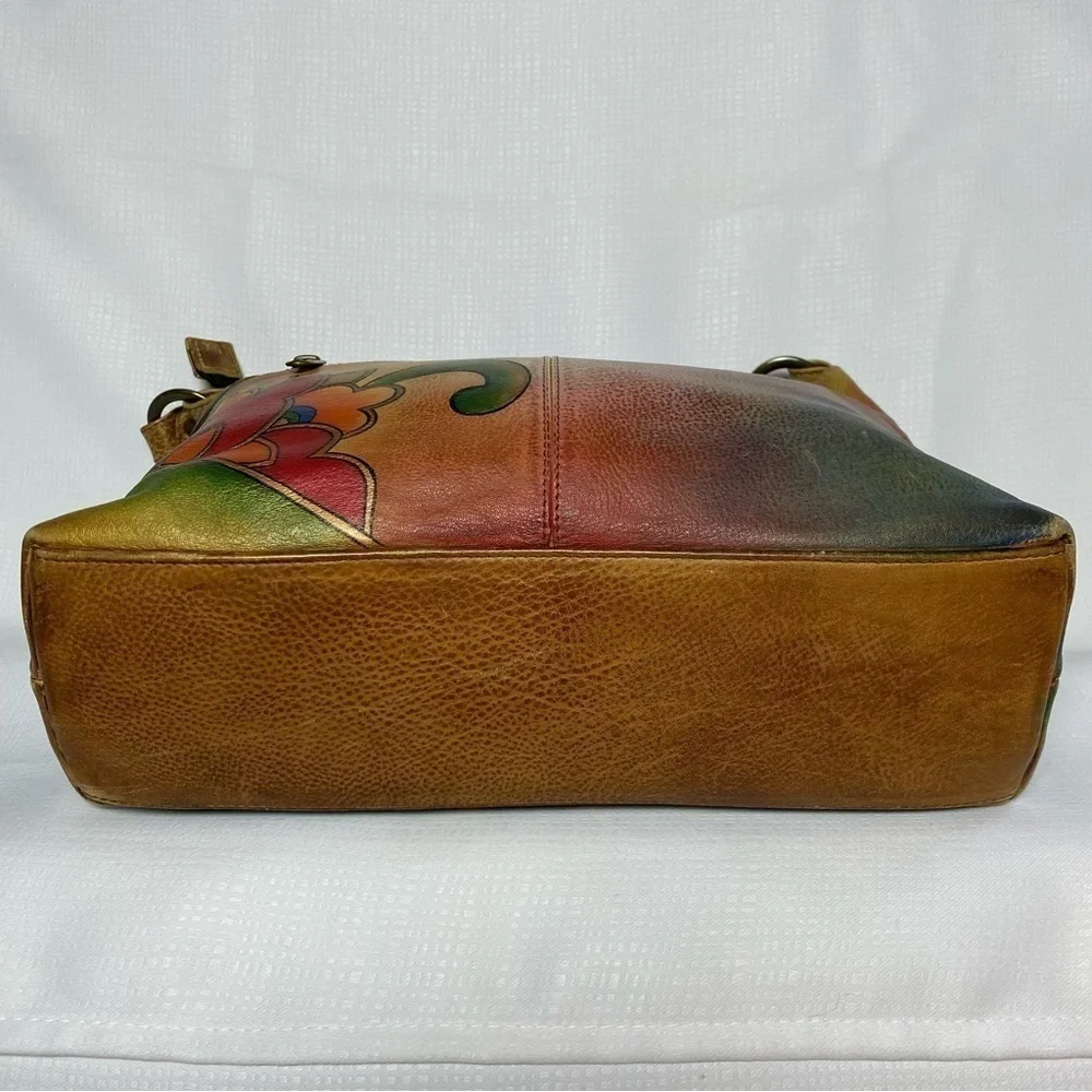 Anuschka Gorgeous Hand Painted Medium Zip Top Genuine Brown Leather Hobo Bag